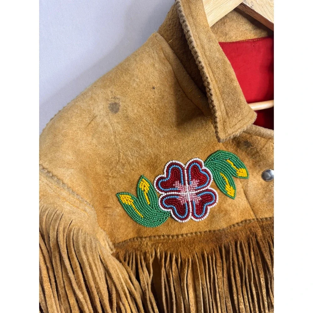 Vintage Buckskin Western Beaded Fringe Jacket Leather Floral Native Crop Women S - Picture 3 of 16